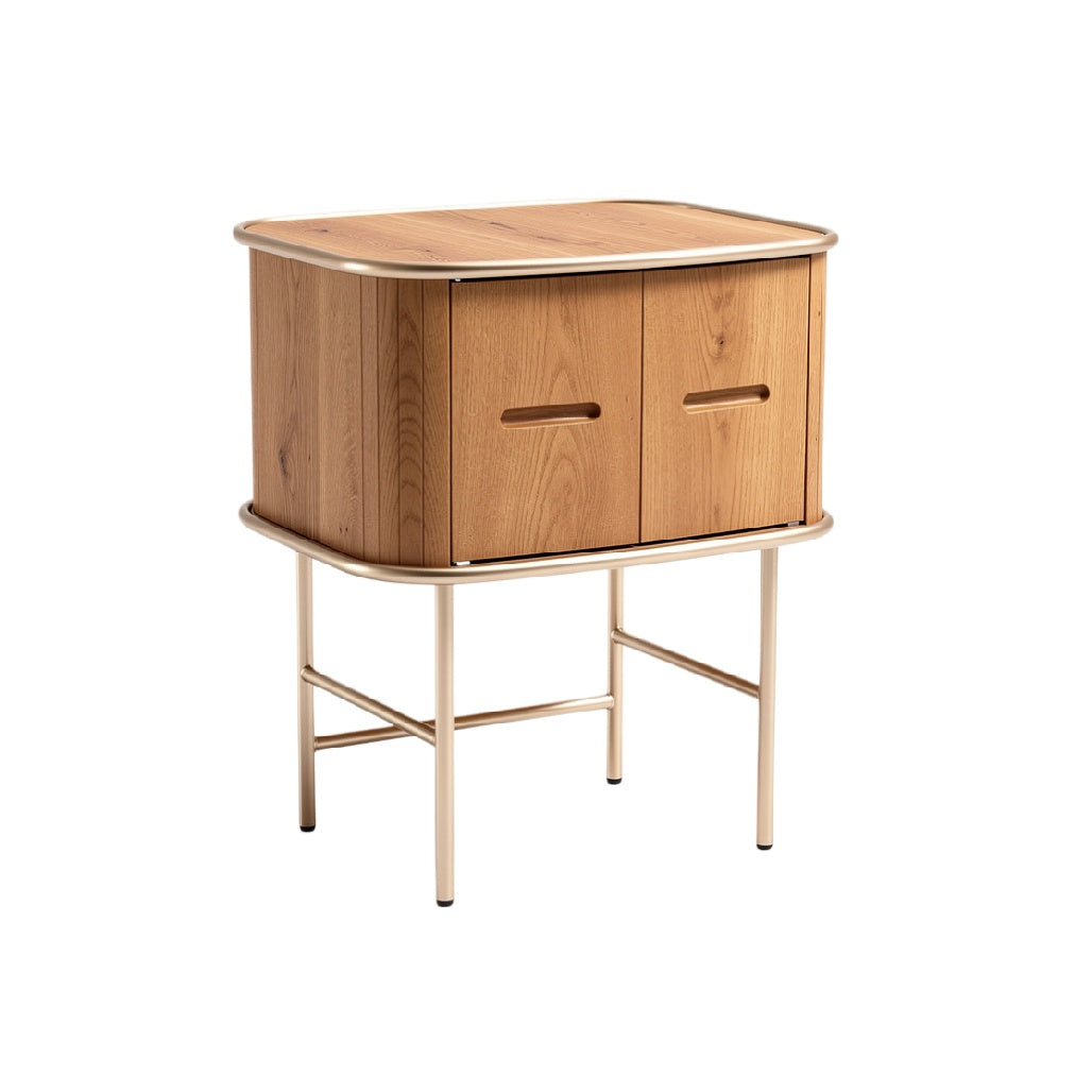 Modern Wooden Nightstand with Metal Legs and Double Doors
